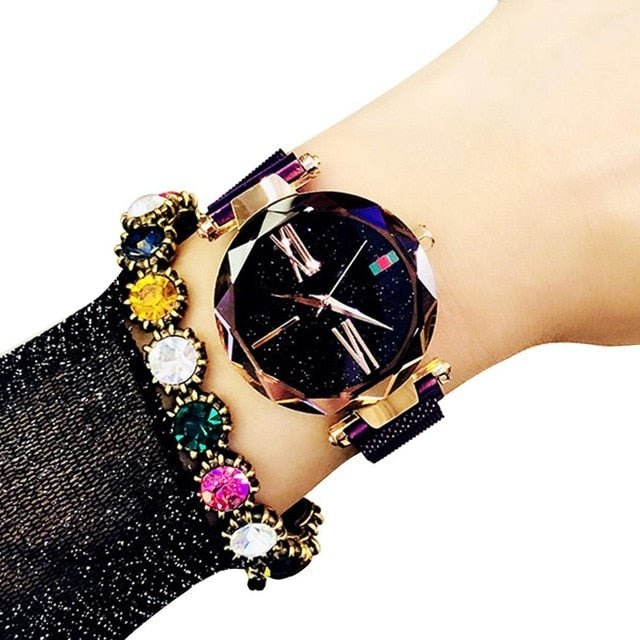 Women Wrist Quartz Watch Stars Pattern Pointer Digital Fashion Easy to read, Decoration Round Magnet Watch